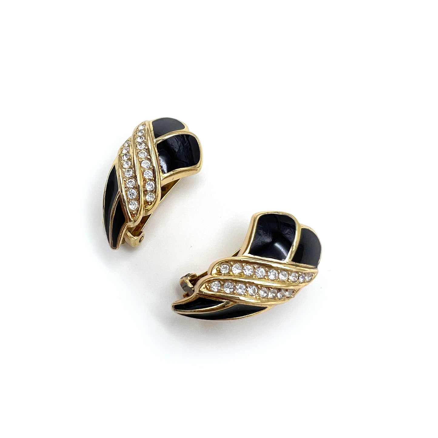 Christian Dior Vintage Black With Rhinestone Golden Clip-On Earrings