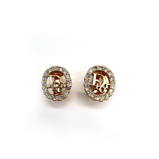 Christian Dior Vintage Dior Logo In Oval Shape With Rhinestone Golden Clip-On Earrings