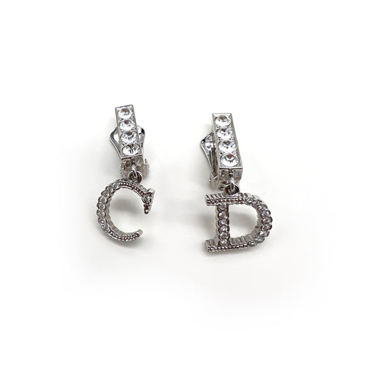 Christian Dior Vintage Silver C&D Rhinestone Clip-On Earrings