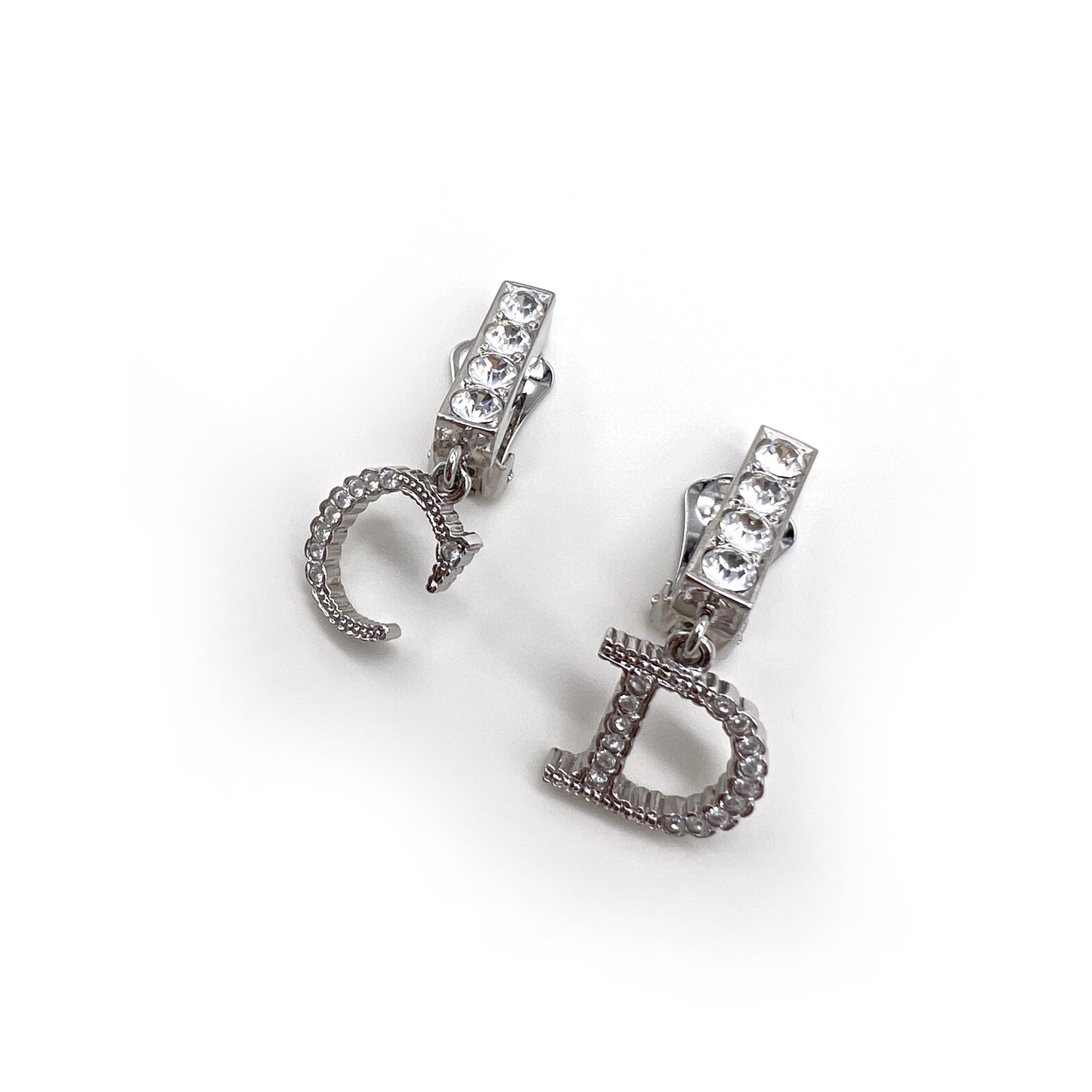 Christian Dior Vintage Silver C&D Rhinestone Clip-On Earrings