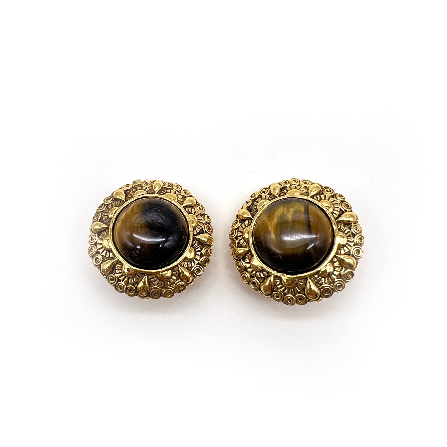 Chanel Vintage Tiger Eye Stone With Hand Craft Golden Clip-On Earrings