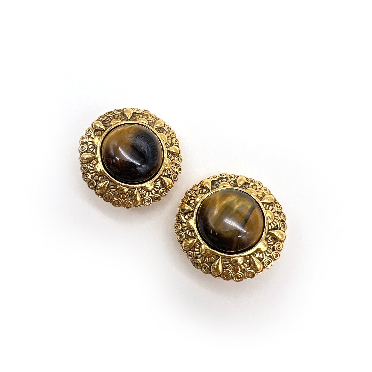 Chanel Vintage Tiger Eye Stone With Hand Craft Golden Clip-On Earrings