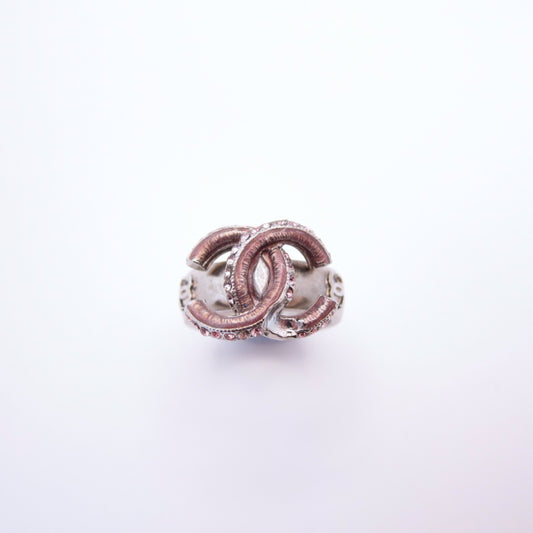 Chanel Vintage CC Logo Pink Rhinestone Silver Ring #12
