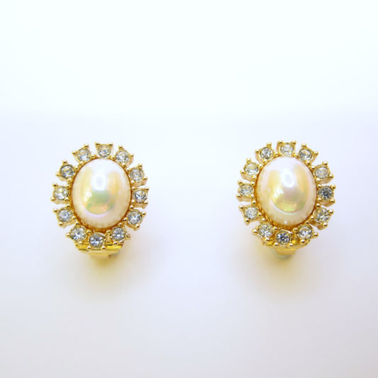 Christian Dior Vintage Oval Shape Pearl and Rhinestone Golden Clip-on Earrings