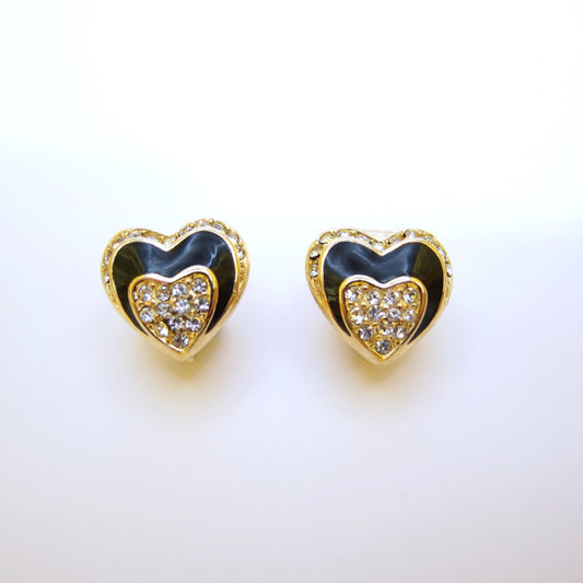Christian Dior Vintage Heart Shape Black and Rhinestone Golden Clip-on Earrings
