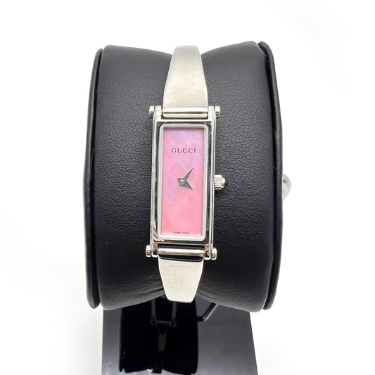 Gucci Vintage Silver Dial With Pink Shell Rectangle Face 1500L Stainless Steel Bangle Watch