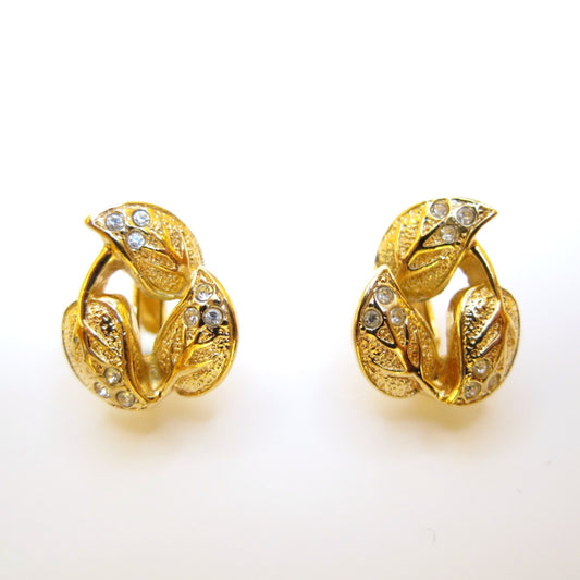 Christian Dior Vintage Leaves and Rhinestone Golden Clip-on Earrings