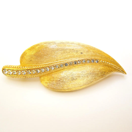 Christian Dior Vintage Leaf Motif with Rhinestone Golden Brooch