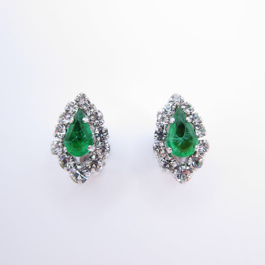 Christian Dior Vintage Drop Shape Green Stone and Rhinestone Silver Clip-on Earrings