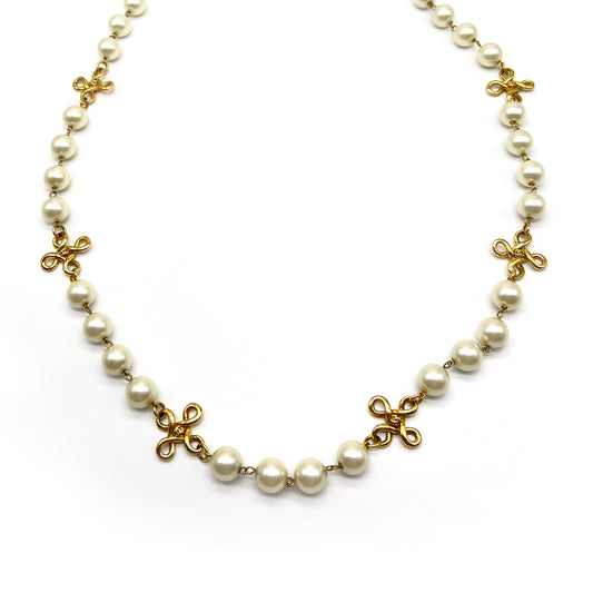 Chanel Vintage Golden CC Logo Motif With Pearl Long Necklace