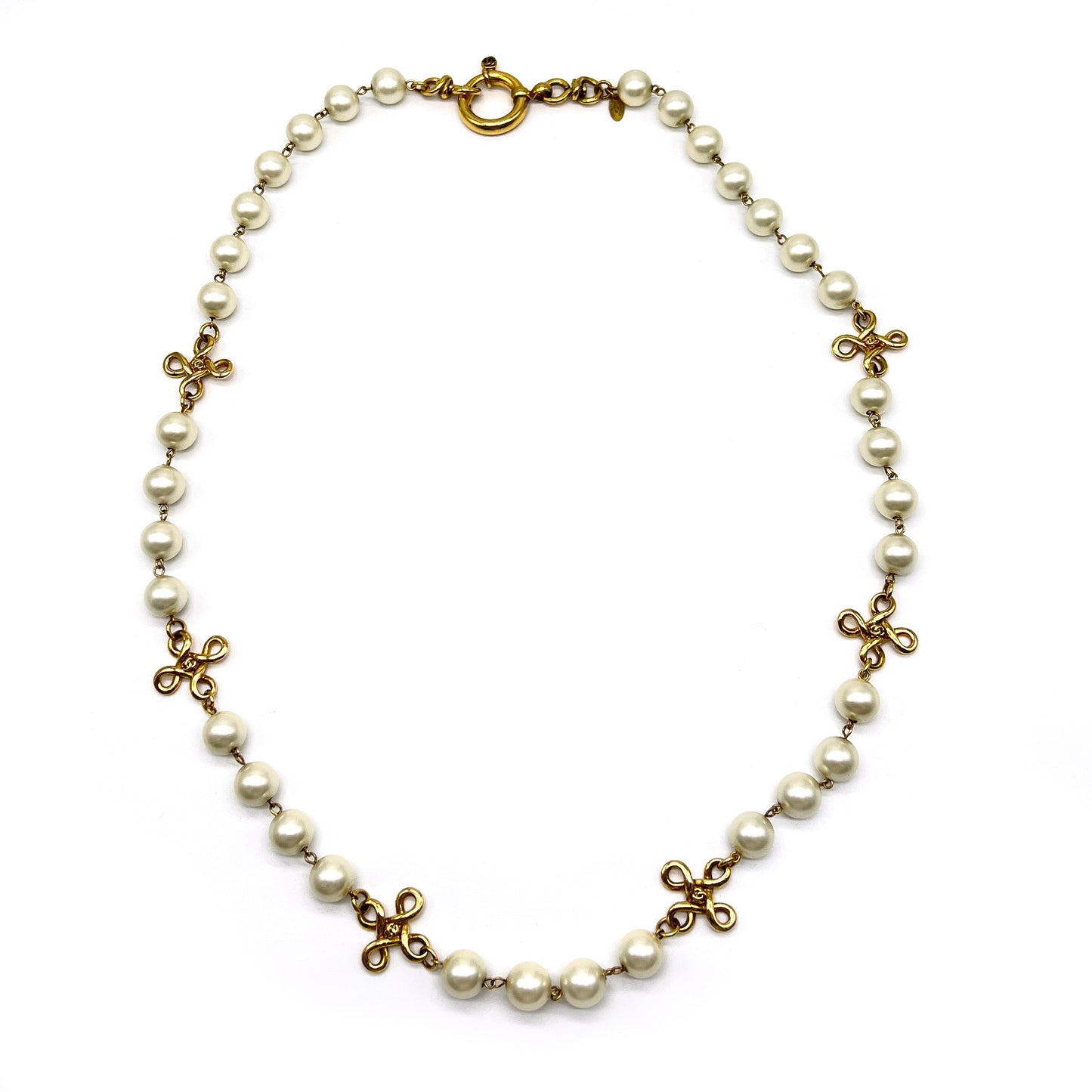 Chanel Vintage Golden CC Logo Motif With Pearl Long Necklace