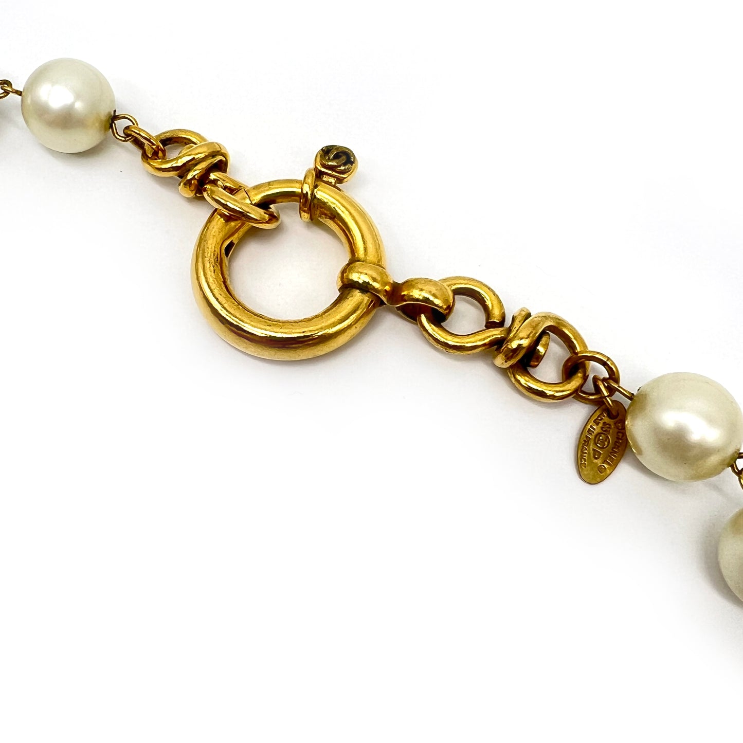 Chanel Vintage Golden CC Logo Motif With Pearl Long Necklace