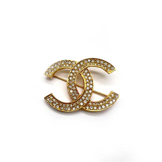 Chanel Vintage CC Logo With Rhinestone Golden Brooch