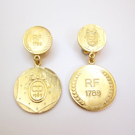 Christian Dior Vintage CD Logo on Round and Rf 1789 Coin Motif Golden Clip-on Earrings