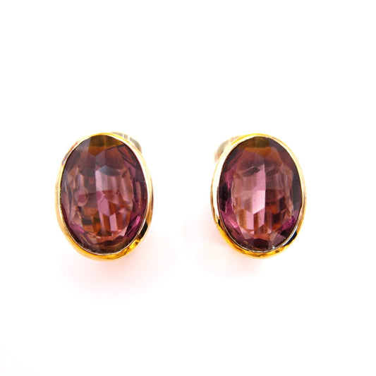 Christian Dior Vintage Oval Shape Plum Color Stone Golden Clip-on Earrings