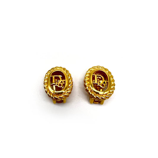 Christian Dior Vintage Dior Logo Oval Golden Clip-On Earrings