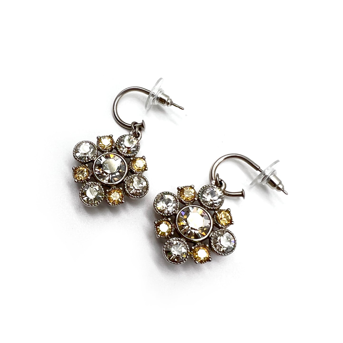 Chanel Vintage Silver Flower With Two Tone Rhinestone Earrings