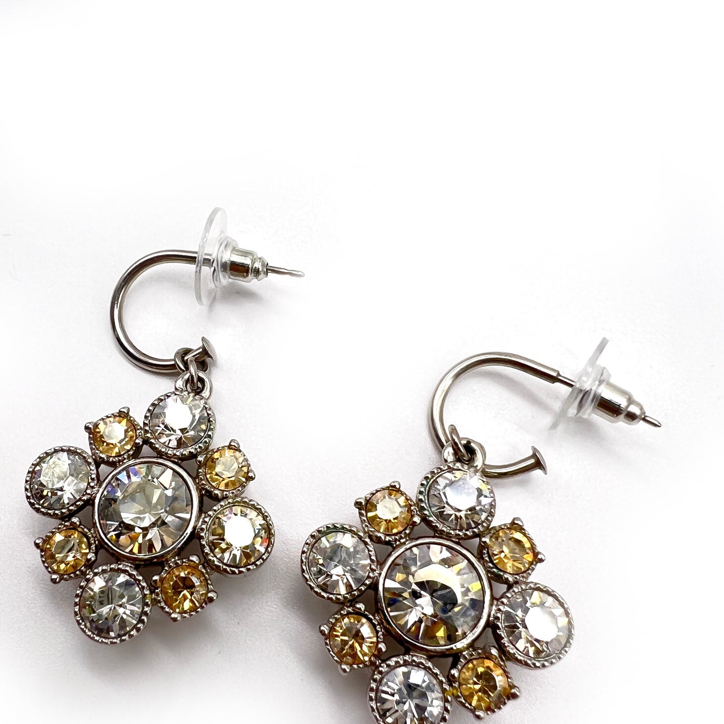 Chanel Vintage Silver Flower With Two Tone Rhinestone Earrings