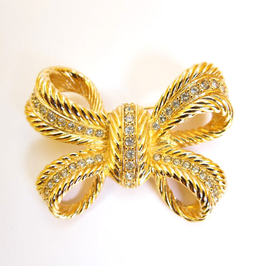 Christian Dior Vintage Ribbon Motif with Rhinestone Golden Brooch