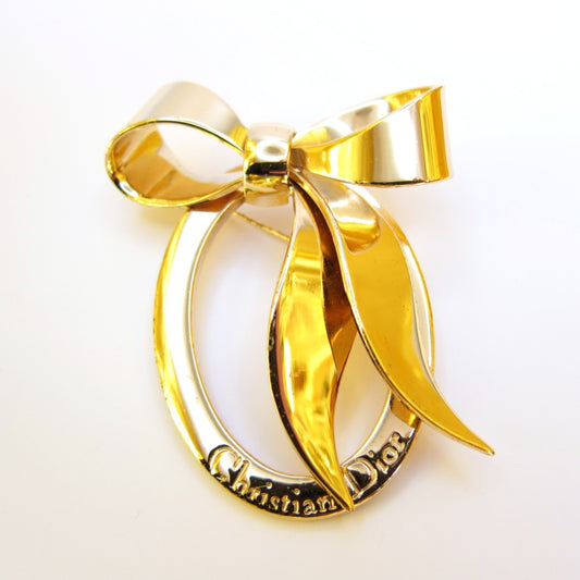 Christian Dior Vintage Ribbon Motif Golden Brooch