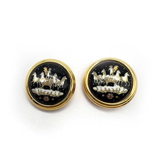 Hermes Vintage Enamel Round Golden Clip-On Earrings