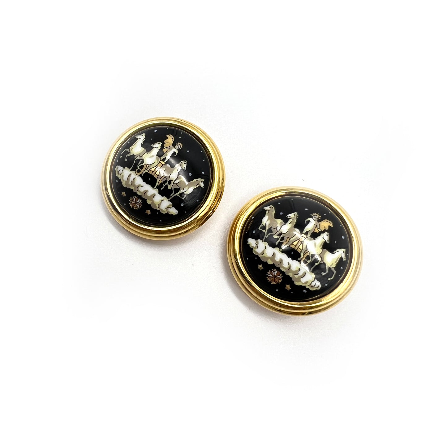 Hermes Vintage Enamel Round Golden Clip-On Earrings