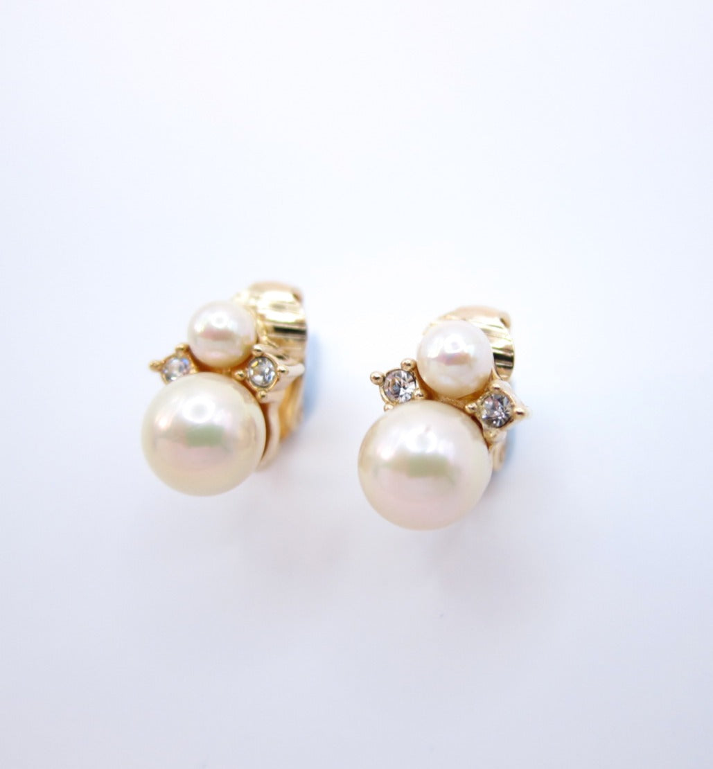 Christian Dior Vintage Pearl and Rhinestone Golden Clip-on Earrings