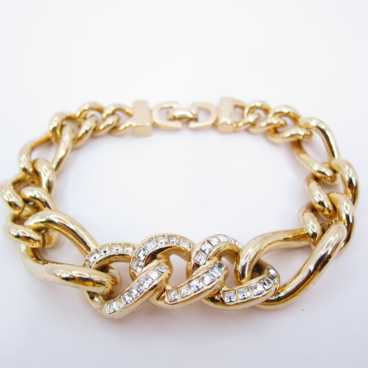 Christian Dior Vintage Chain Link with Rhinestone Golden Bracelet