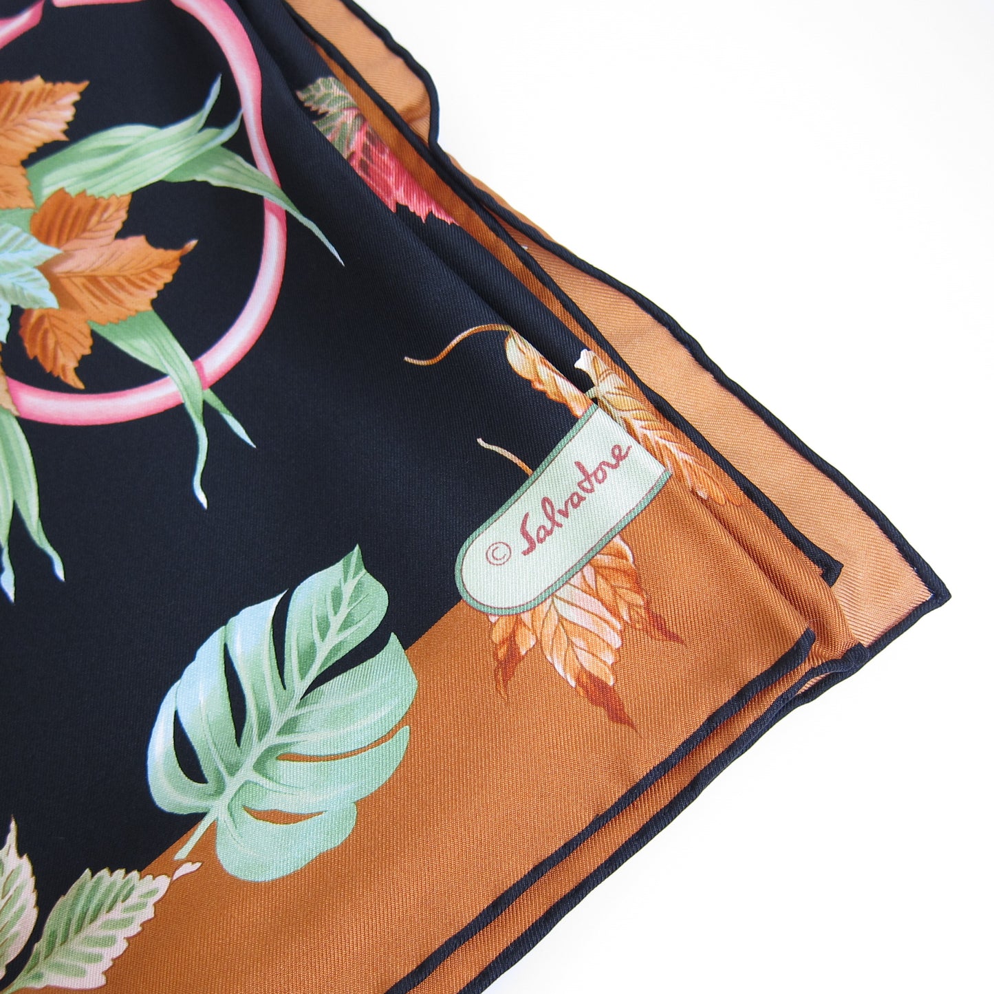 Ferragamo Vintage Leaves Motif Black and Brown Silk Scarf