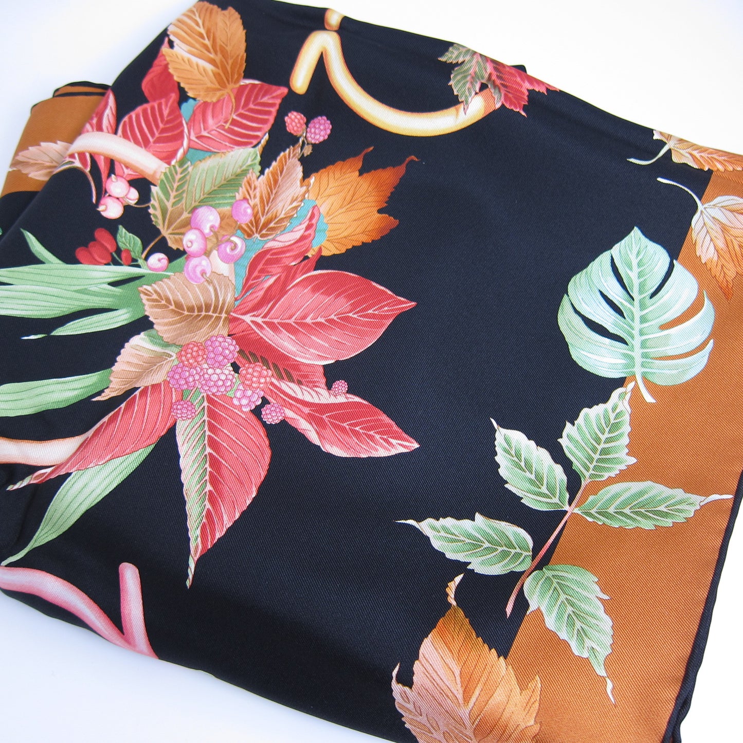 Ferragamo Vintage Leaves Motif Black and Brown Silk Scarf