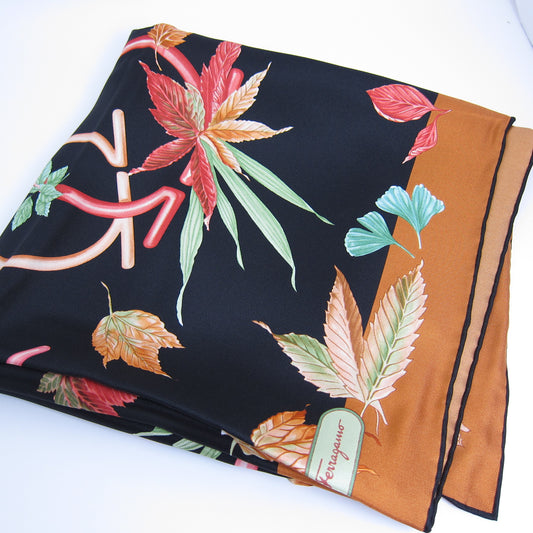 Ferragamo Vintage Leaves Motif Black and Brown Silk Scarf