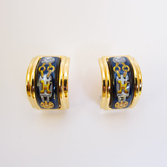 Hermes Vintage Blue Enamelled Golden Clip-on Earrings