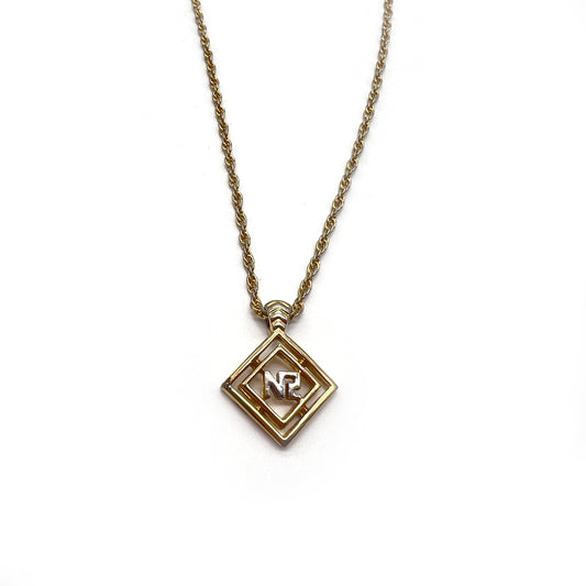 Nina Ricci Vintage Nr Logo with Rhinestone Golden Necklace
