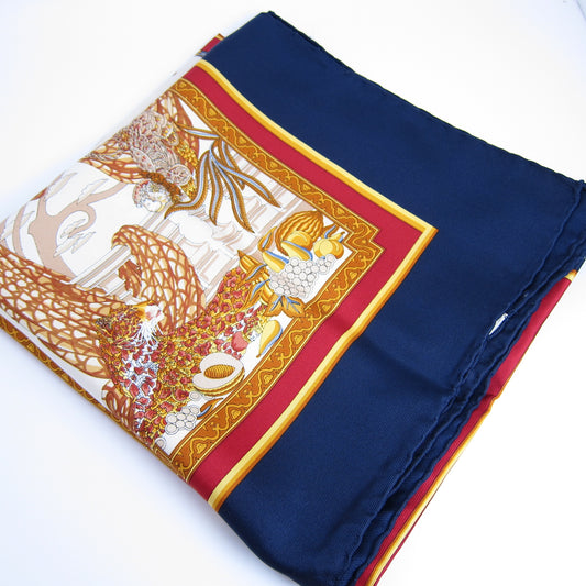 Ferragamo Vintage Animal Motif Red and Dark Blue Silk Scarf