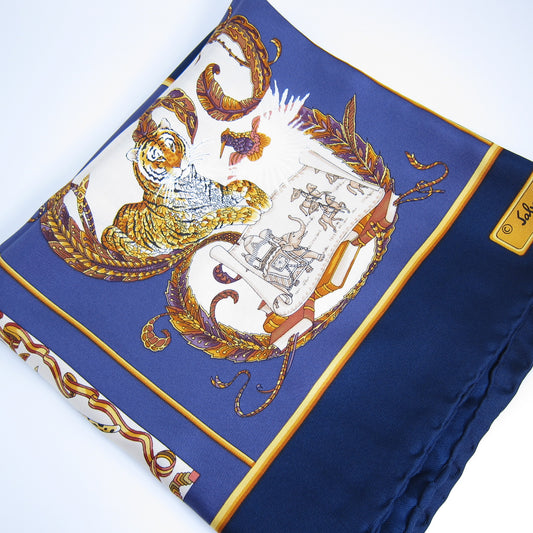 Ferragamo Vintage Animal Motif Indigo Blue Silk Scarf
