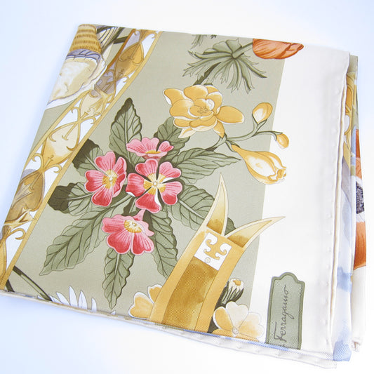 Ferragamo Vintage Flower and Animal Motif Silk Scarf