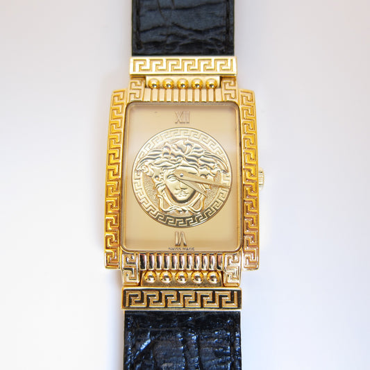 Gianni Versace Vintage Rectangle Gold Frame Yellow Face with Medusa Black Leather Strap Watch