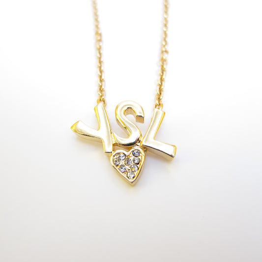 Yves Saint Laurent Vintage YSL Logo and Heart with Rhinestone Golden Necklace