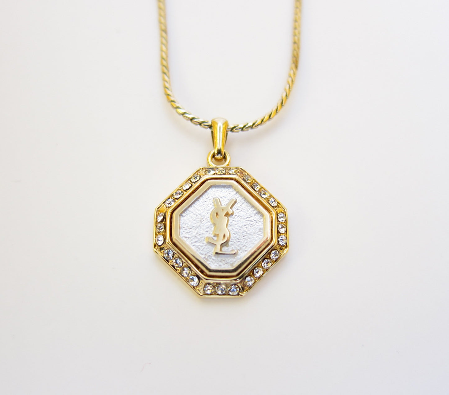 Yves Saint Laurent Vintage YSL Logo in Silver Octagon with Rhinestone Golden Necklace