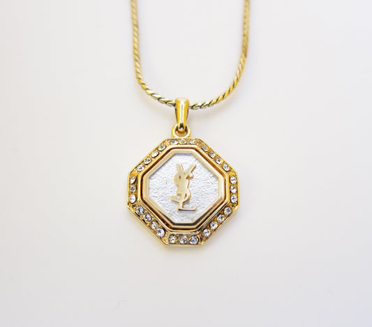 Yves Saint Laurent Vintage YSL Logo in Silver Octagon with Rhinestone Golden Necklace