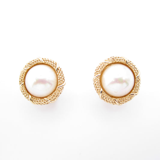 Christian Dior Vintage Round Shape Pearl Golden Clip-on Earrings