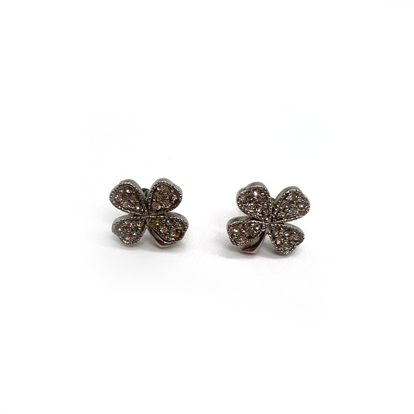 Chanel Vintage Clover With Rhinestone Silver Earing