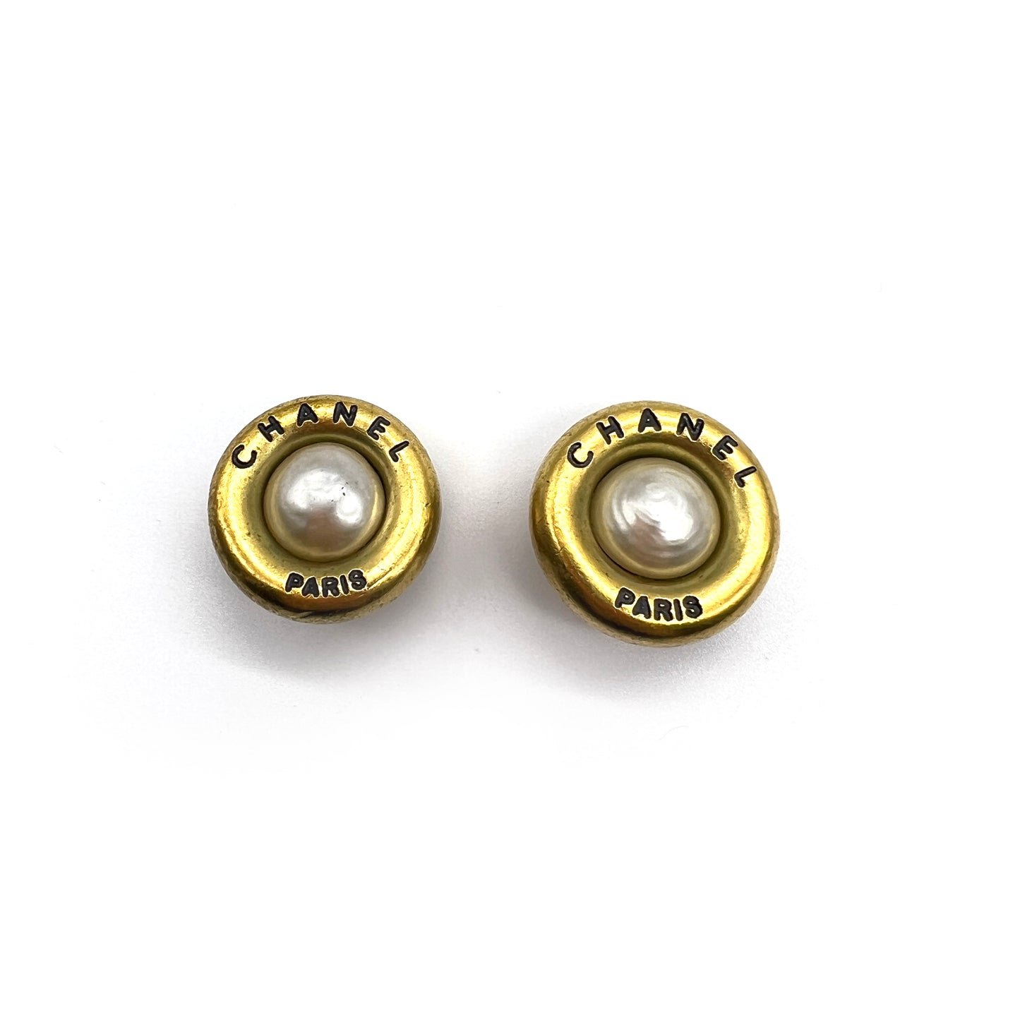 Chanel Vintage Logo With Pearl Golden Clip-On Earrings