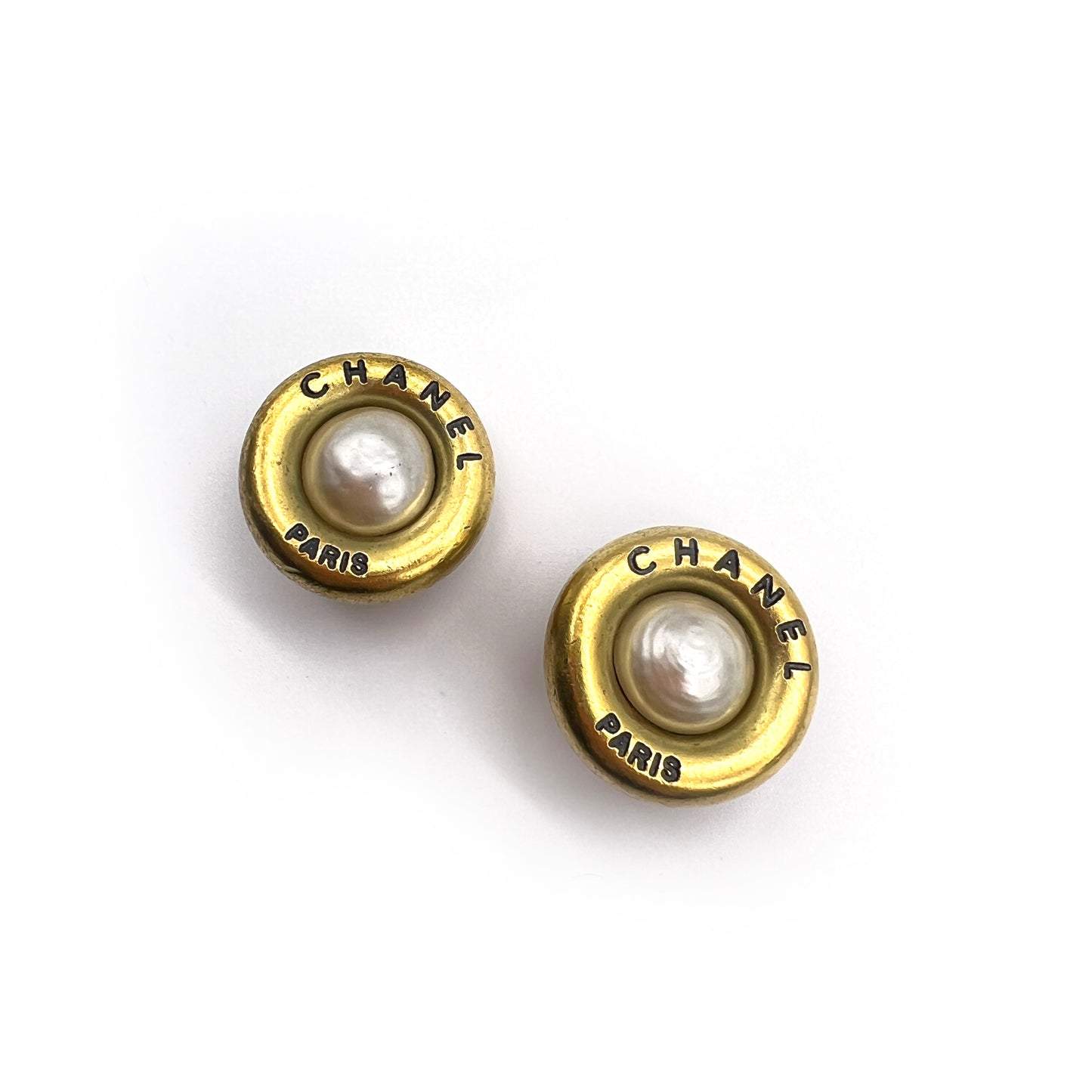 Chanel Vintage Logo With Pearl Golden Clip-On Earrings