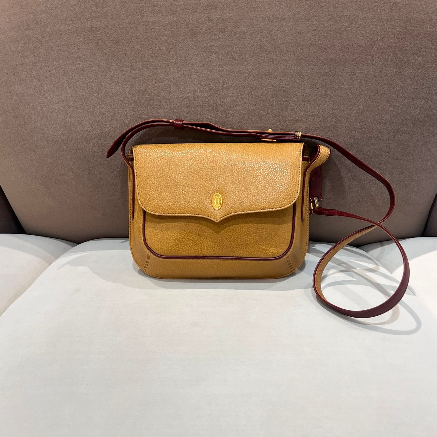 Cartier Vintage Camel Grained Leather Crossbody Shoulder Bag