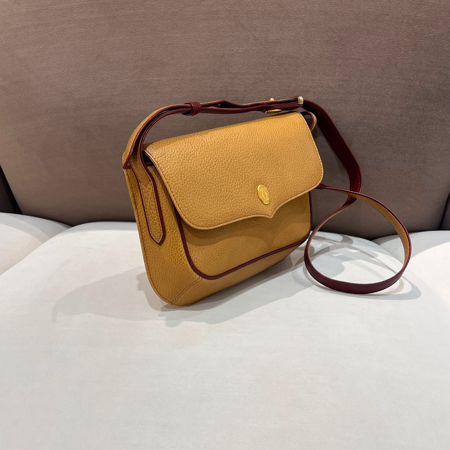Cartier Vintage Camel Grained Leather Crossbody Shoulder Bag