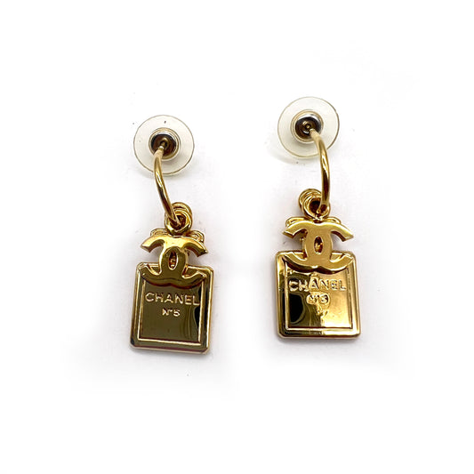 Chanel Vintage CC Logo and No.5 Perfume Bottle Golden Earrings