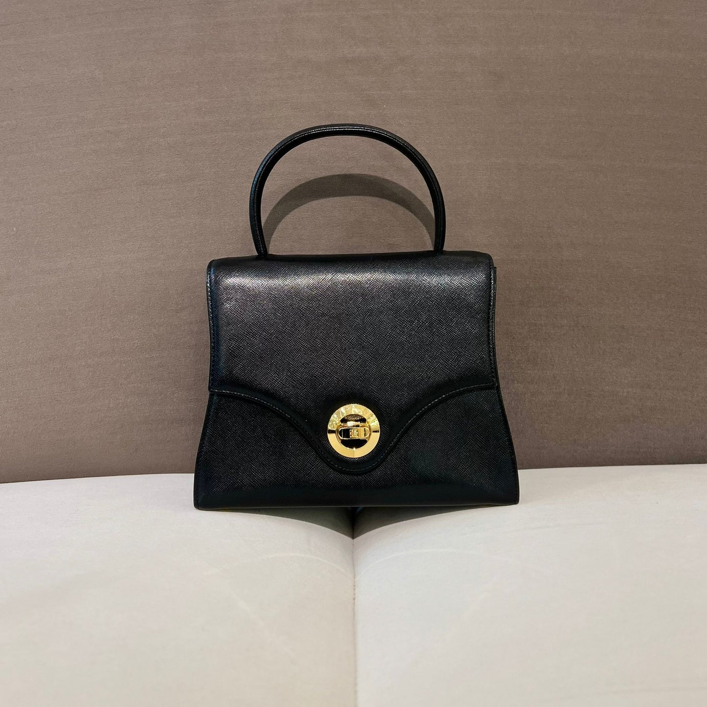 Givenchy Vintage Golden Turn Lock With Black Leather Handbag