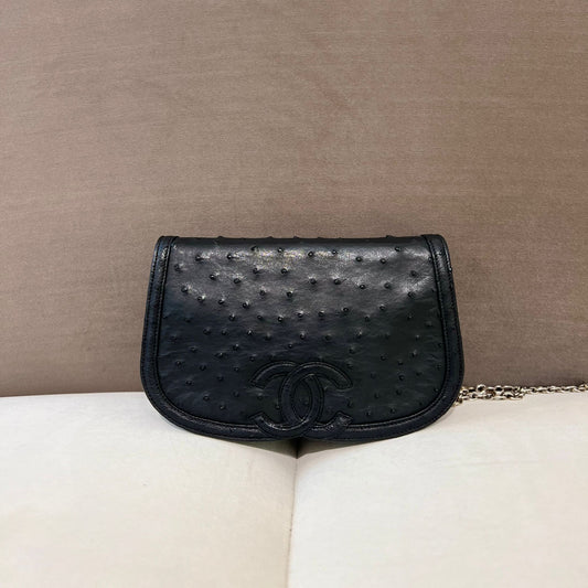 Chanel Vintage Black Ostrich Leather Chain Shoulder Bag