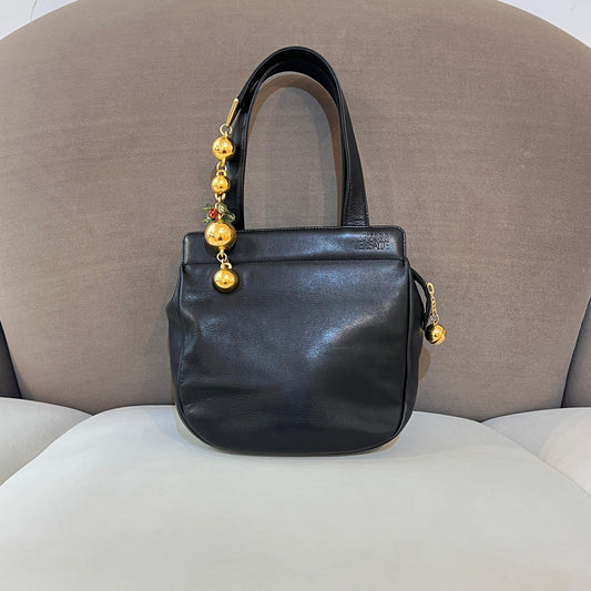 Versace Vintage Black Leather Orb Charm Tote Bag
